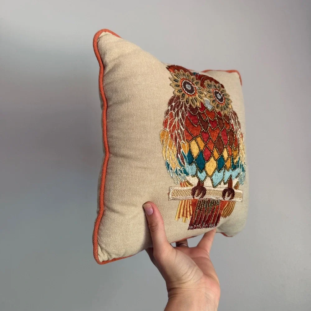 Pier 1 Imports Embroidered Beaded Owl Throw Pillow Boho Accent Small 10